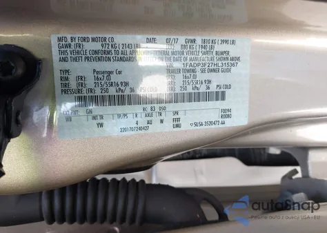 2017 Ford Focus Se z USA, uszkodzony, nr VIN 1FADP3F27HL315367